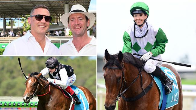 Trainer Tony Gollan (sunglasses), who trains the Ciaron Maher (wearing hat)-owned La Bella Boom, will also saddle up Hi Barbie in Friday night's Magic Millions 2YO Classic at the Gold Coast. Pictures: Grant Peters / Trackside Photography