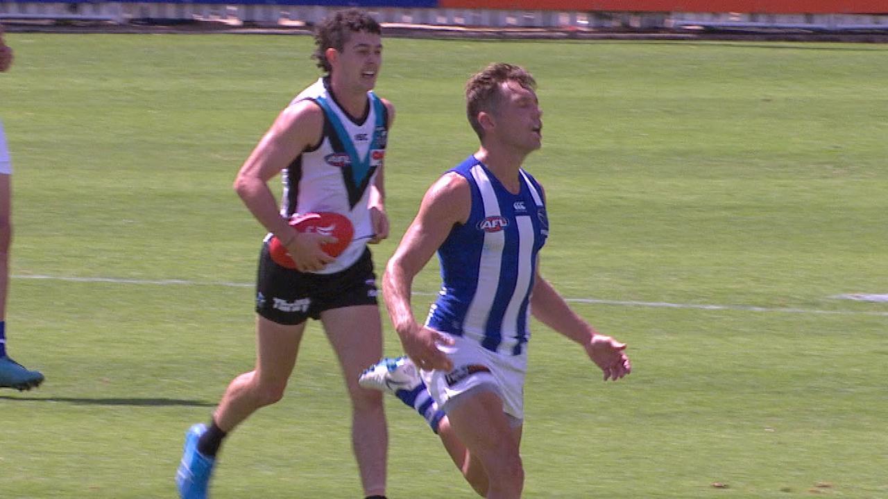 Shaun Higgins gives away a second 50-metre penalty against Port Adelaide.