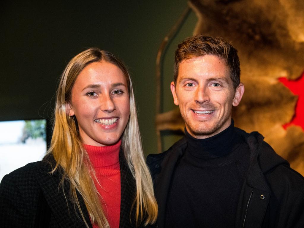 Opening of the TMAG Dark Mofo major exhibition Tense Past by Julie Gough. Ellena Martin, of Sydney, left, with Neil Collins, of Sydney. Picture: Alastair Bett Photography