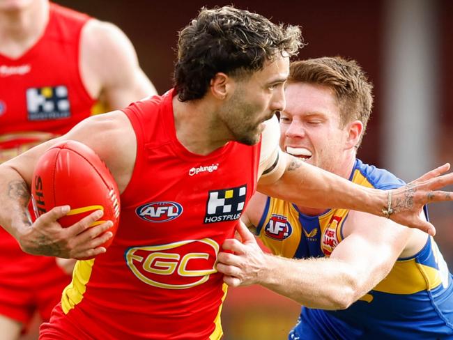 GOLD COAST, AUSTRALIA - JULY 31: Izak Rankine of the Suns in action during the 2022 AFL Round 20 match between the Gold Coast Suns and the West Coast Eagles at Metricon Stadium on July 31, 2022 in Gold Coast, Australia. (Photo by Russell Freeman/AFL Photos via Getty Images)