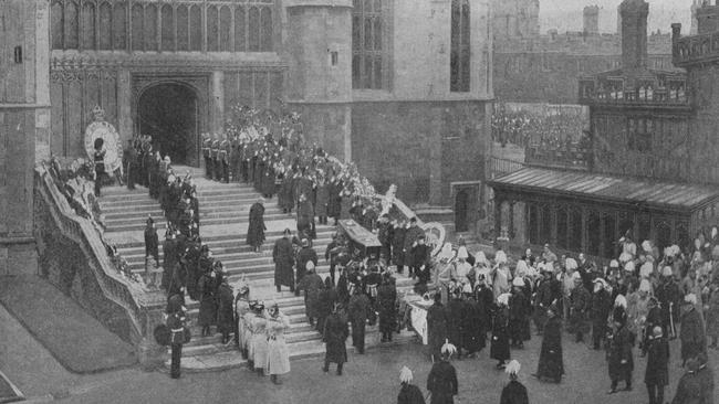 Queen Victoria’s coffin is carried into St George's Chapel, Windsor, in 1901. Queen Elizabeth will be laid to rest here alongside her husband, Prince Philip. Picture: Getty Images.