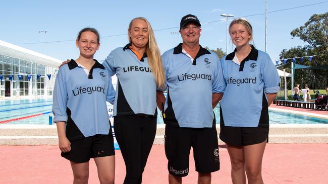 Ellie Gobee, Natalie Kent, Scott Riddington and Ella Alcock pose for a photo at Manly pool on Thursday, 17 October 2019. Lifeguards who saved a man having a seizure from Manly Aquatic Centre pool. Picture: Monique Harmer.