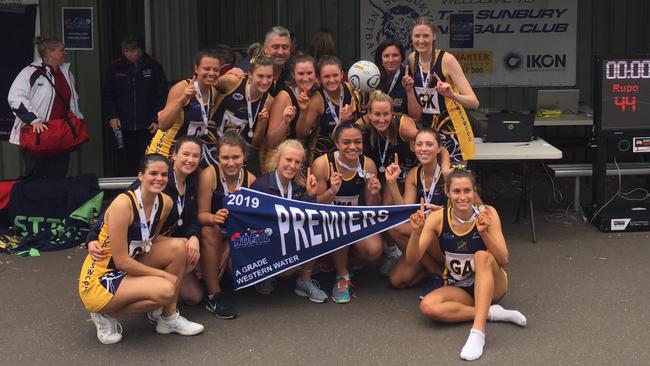 Rupertswood celebrates its A Grade netball premiership.