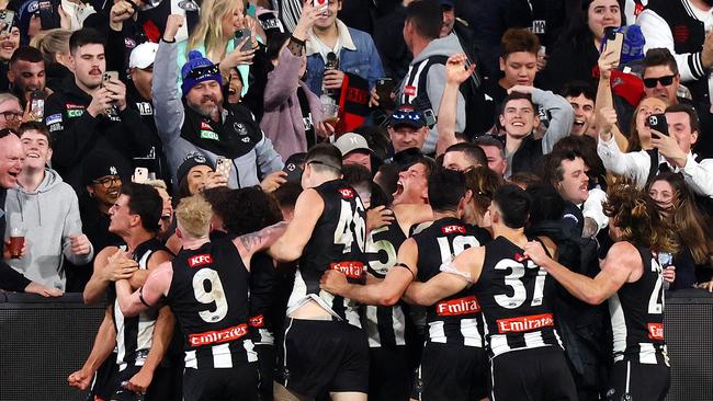 Jamie Elliot’s matchwinning goal against Essendon has given Collingwood a very real chance of a top-four finish. Picture: Mark Stewart