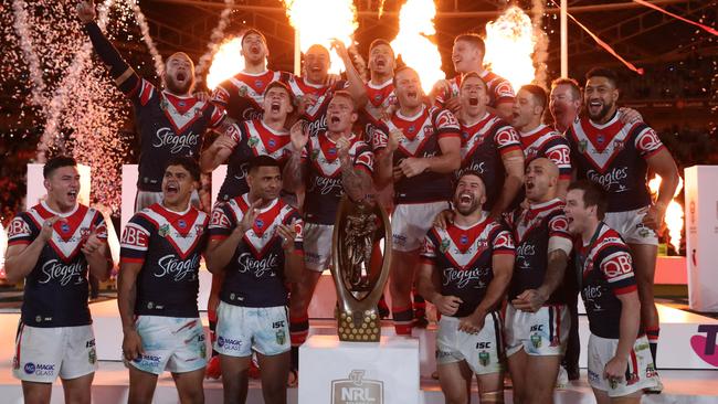 Roosters celebrate winning the 2018 NRL Grand Final. (Brett Costello)