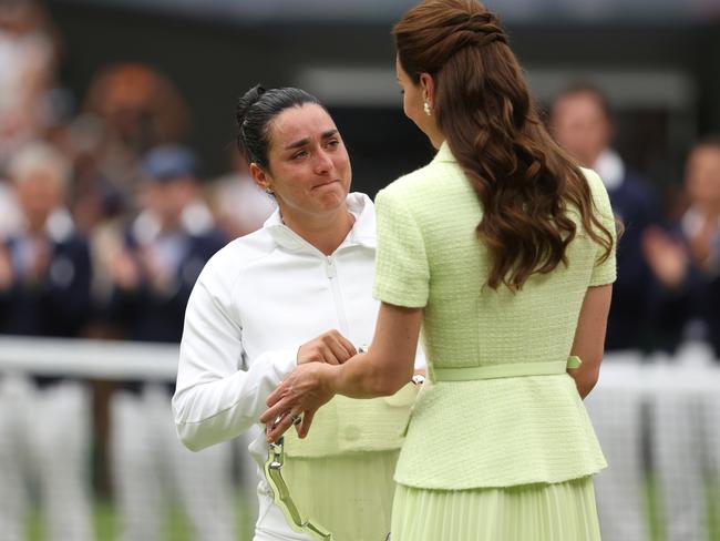 Ons Jabeur is consoled by Catherine, Princess of Wales. (Photo by Julian Finney/Getty Images)