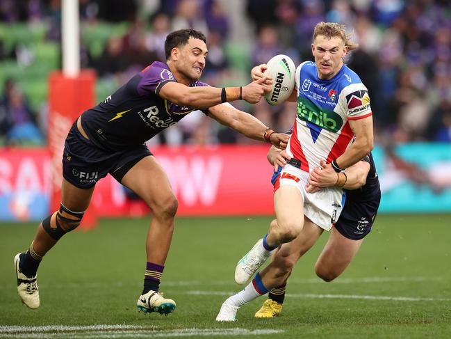 Knights rookie Fletcher Sharpe has impressed in Kalyn Ponga’s absence. Picture: Getty Images