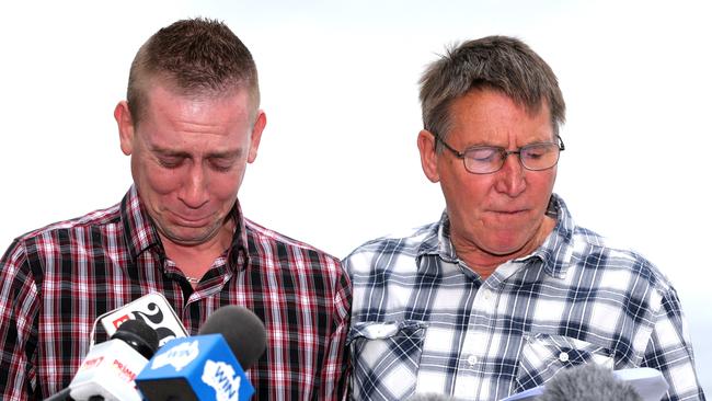 A distraught David Turner with Shayne Goodchild (right) reading a statement on behalf of the Turner, Goodchild and Dorsett families who were caught up in the Dreamworld disaster. picture: Ray Strange