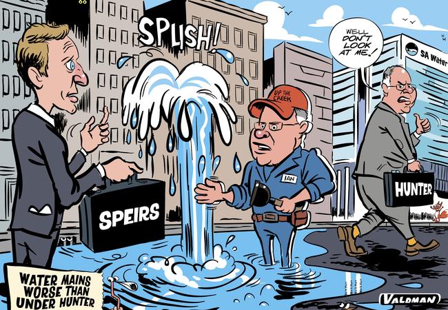 The number of burst water mains has increased under Water Minister David Speirs, exceeding the problems presided over by Ian Hunter, his predecessor. Cartoon: Jos Valdman