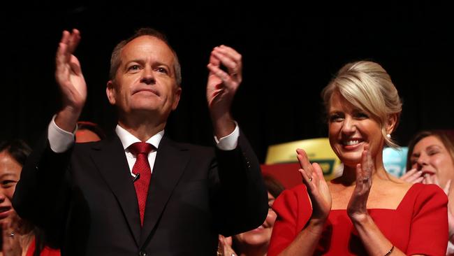 Opposition Leader Bill Shorten with wife Chloe after speaking to Labor Party supporters at a rally in Box Hill, Melbourne. Picture: Kym Smith