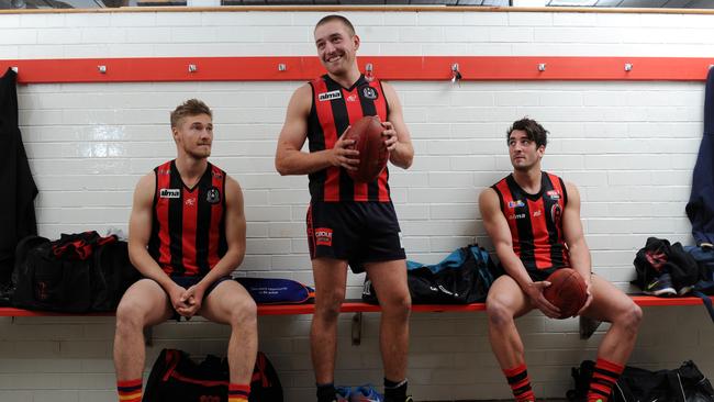 Luke Manuel (right) pictured in 2014 with Rostrevor OC teammates Craig Holm and now player/coach Will O’Malley. Picture: Naomi Jellicoe