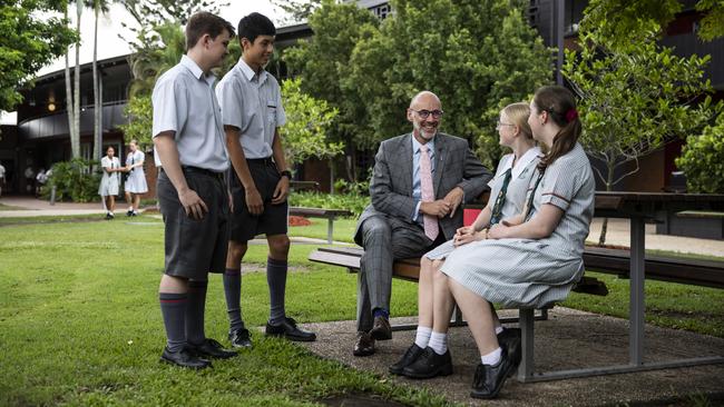 Paul Browning at St Paul’s School with some students. Picture: Mark Cranitch