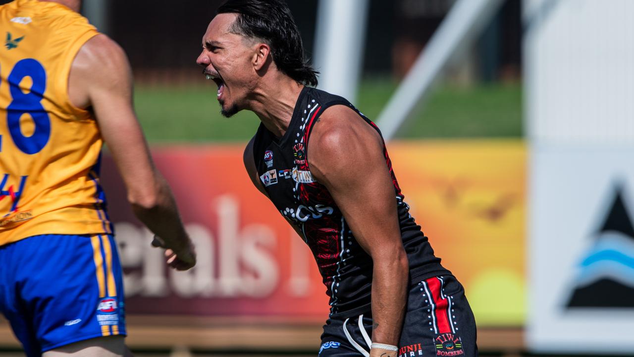 Braedon McLean celebrates a goal for the Tiwi Bombers against Wanderers in the opening round of the 2024-25 NTFL season. Picture: Pema Tamang Pakhrin