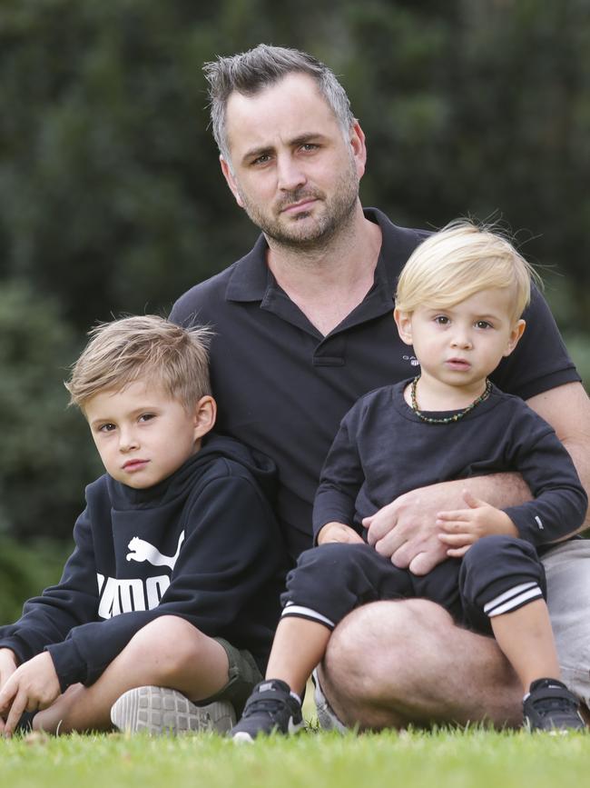 Former AFL player Ty ZantucK with his kids Jagger and Zepplin. Pic: Wayne Taylor 