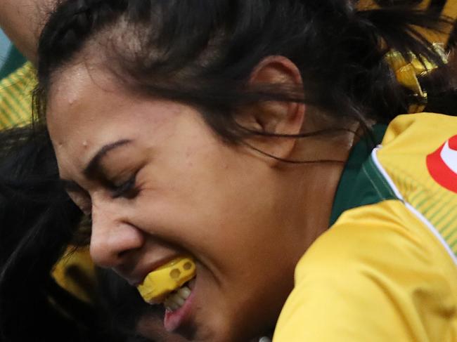 Australia's Mhicca Carter and Atasi Lafai make a tackle during the Australian Wallaroos v New Zealand Ferns Bledisloe Cup match at ANZ Stadium, Homebush. Picture: Brett Costello