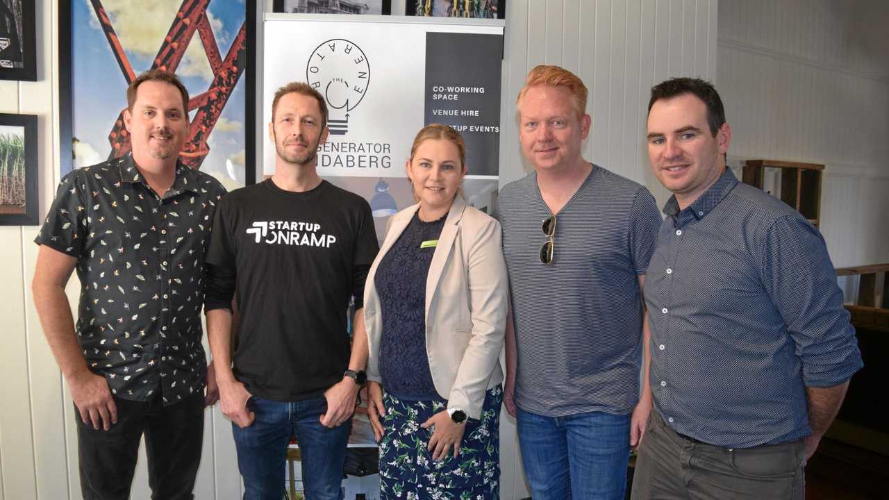 SUPPORTING REGIONAL ENTREPRENEURS: The Generator's community manager, Brett Bearham, Startup Onramp founder, Colin Kinner, Entrepreneurship Facilitator, Rebecca Corbett, USA based Chief Entrepreneur, Michael Norton and Bundaberg Business Enterprise Centre's Manager, Marcus McCormick, are excited for the 12-week course program to commence on August 27. Picture: Rhylea Millar