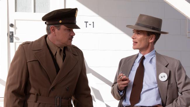 Matt Damon as Leslie Groves and Cillian Murphy as J. Robert Oppenheimer in Christopher Nolan’s Oppenheimer.