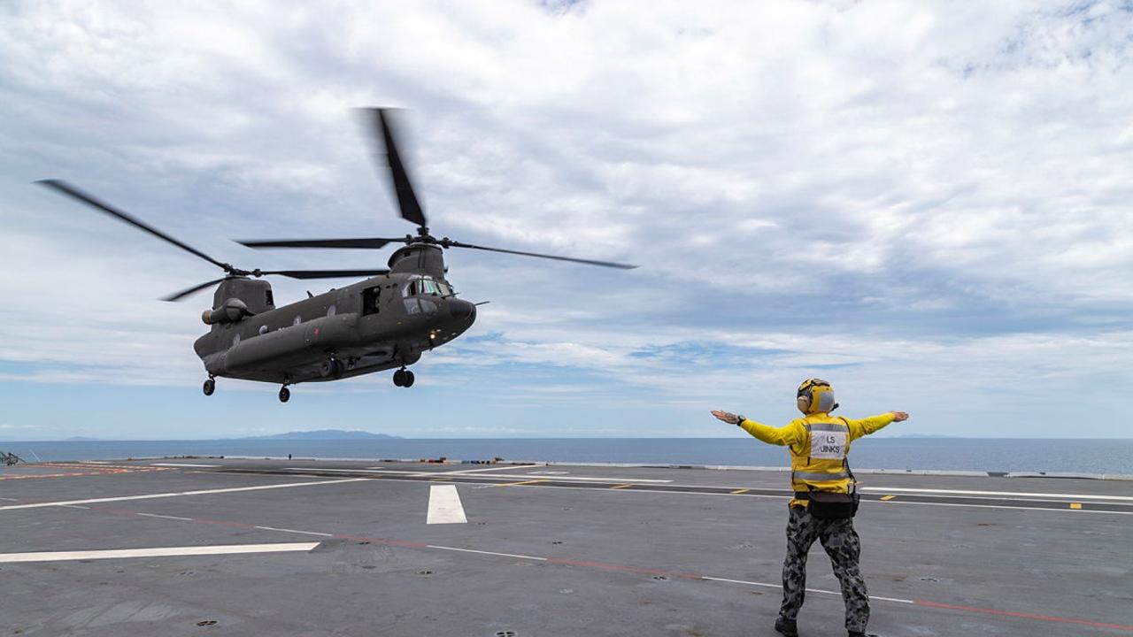 Republic of Singapore Air Force CH-47 Chinook Helicopter landing onboard HMAS Adelaide during Exercise Sea Wader 2020 off the coast of Townsville, Queensland. Picture: Defence Dept