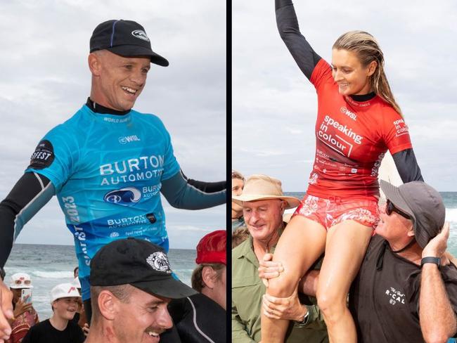 Surfers Joel Vaughan and Bronte Macaulay celebrate after taking out the 2023 City of Newcastle Pro at Merewether Beach, as part of Surfest. Photo: Darren Anderson.