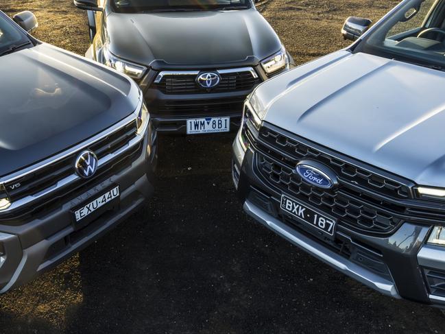 Volkswagen Amarok Pan Americana, Ford Ranger Wildtrak, Toyota HiLux Togue. Picture: Mark Bean