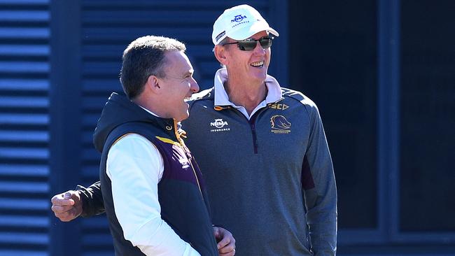 Wayne Bennett shares a laugh with Paul White. Picture: AAP