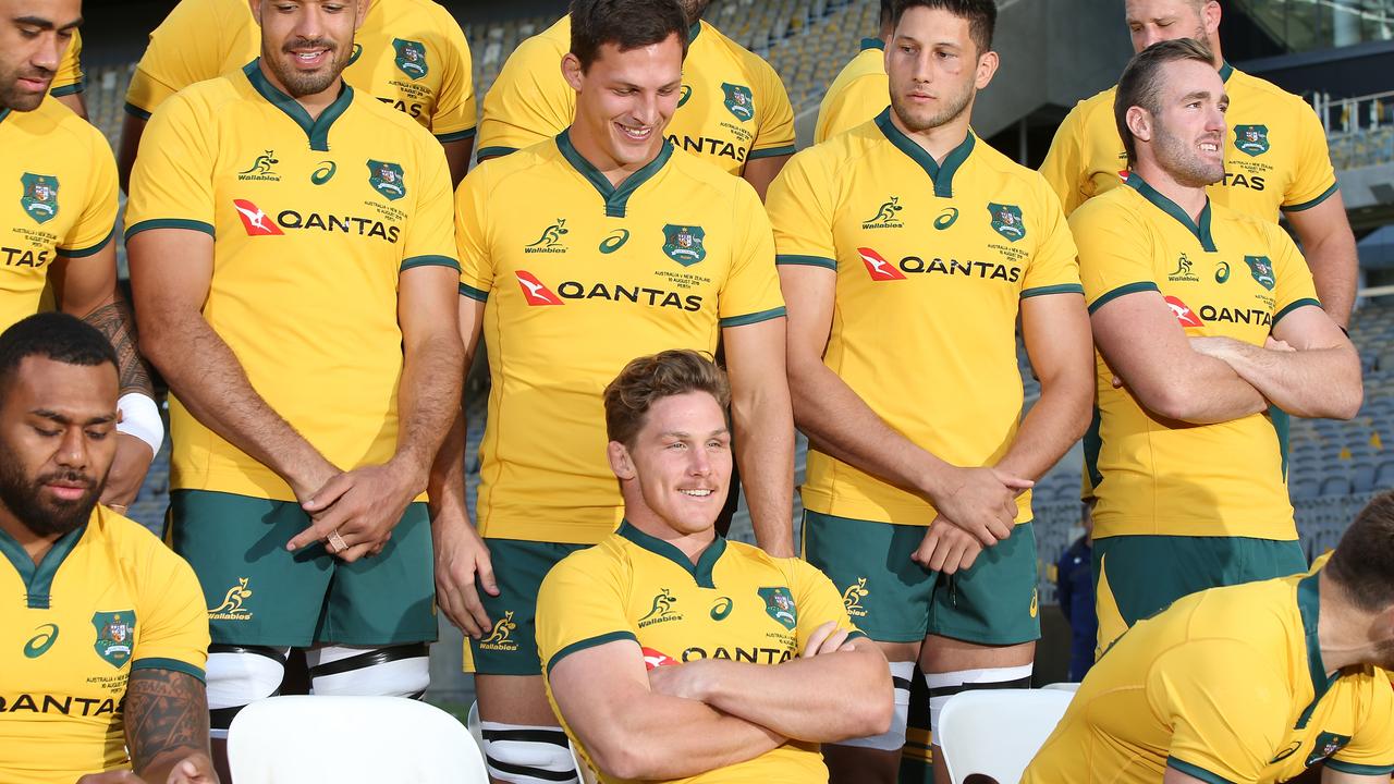 Michael Hooper of the Wallabies waiting for the team photo at Optus Stadium.