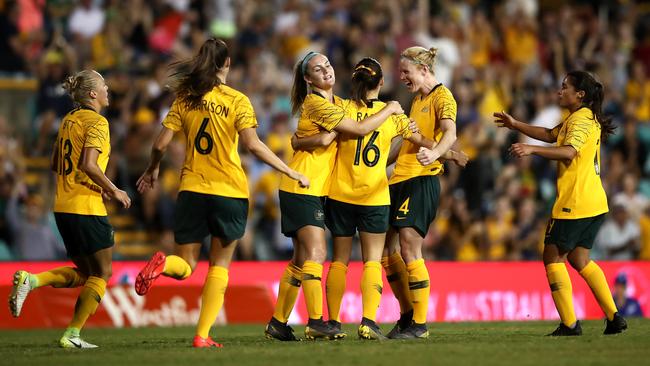 Hayley Raso is congratulated by teammates after scoring against New Zealand. Picture: Getty Images.