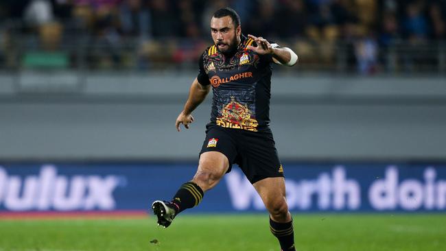 Charlie Ngatai of the Chiefs kicks at Yarrow Stadium in New Plymouth.