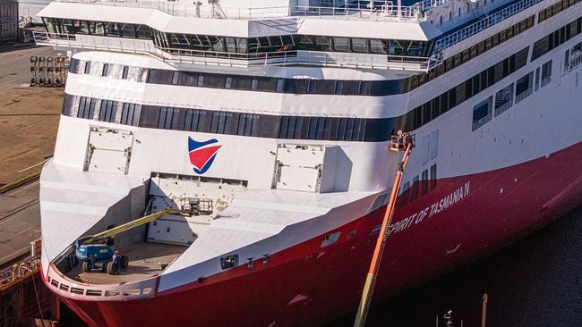 One of Tasmania’s new ferries, Spirit of Tasmania IV, at Rauma Marine Constructions yard in Finland. The ship has no where suitable to dock in Tasmania, despite years of notice of its arrival.