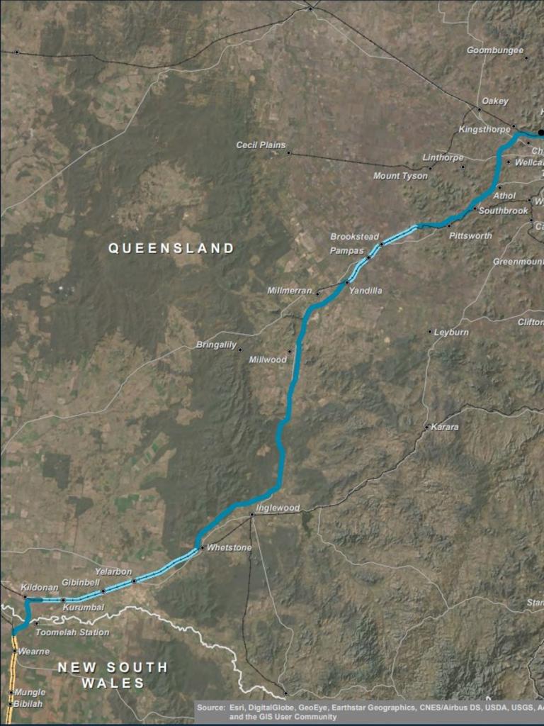 A project map of the planned route of the NSW/Queensland to Gowrie section of the Inland Rail project.