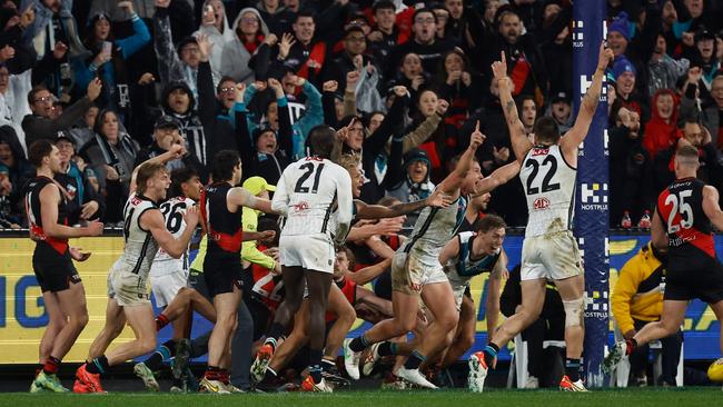 Port Adelaide players react on the siren. Picture: Getty Images