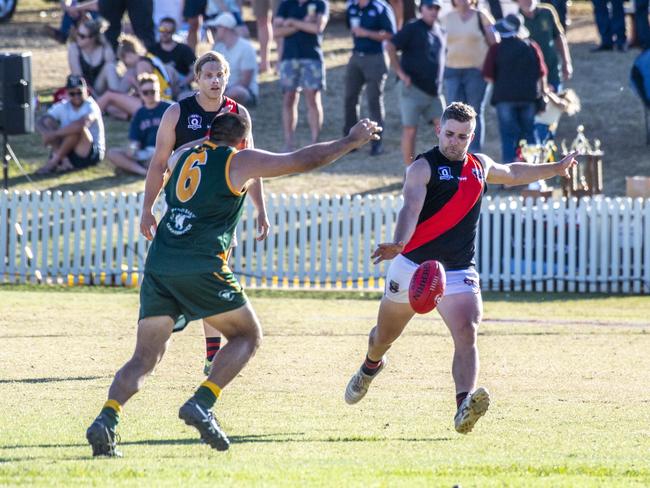 Jeff Neumann takes his last kick at goal for Bombers. South Toowoomba vs Goondiwindi.  AFLDD Senior Mens Allied Pickfords Cup. Saturday. 3rd Oct 2020