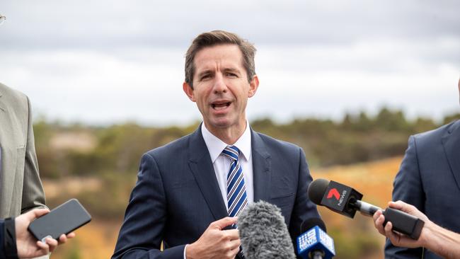 Federal Minister for Trade, Tourism and Investment Simon Birmingham speaks to media during a press conference announcing Australia's first compressed air energy storage project at Angas Zinc Mine near Strathalbyn, South Australia, Friday, February 8, 2019. (AAP Image/James Elsby) NO ARCHIVING