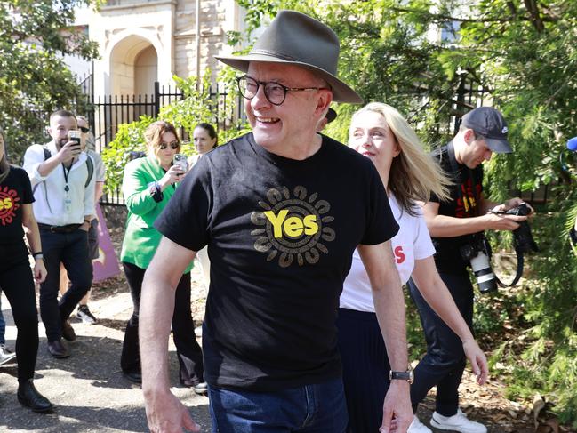 Prime Minister Anthony Albanese campaigning for the ‘Yes’ vote during the referendum on The Voice at Balmain Public School polling station today in Balmain, NSW. Picture: Tim Hunter.