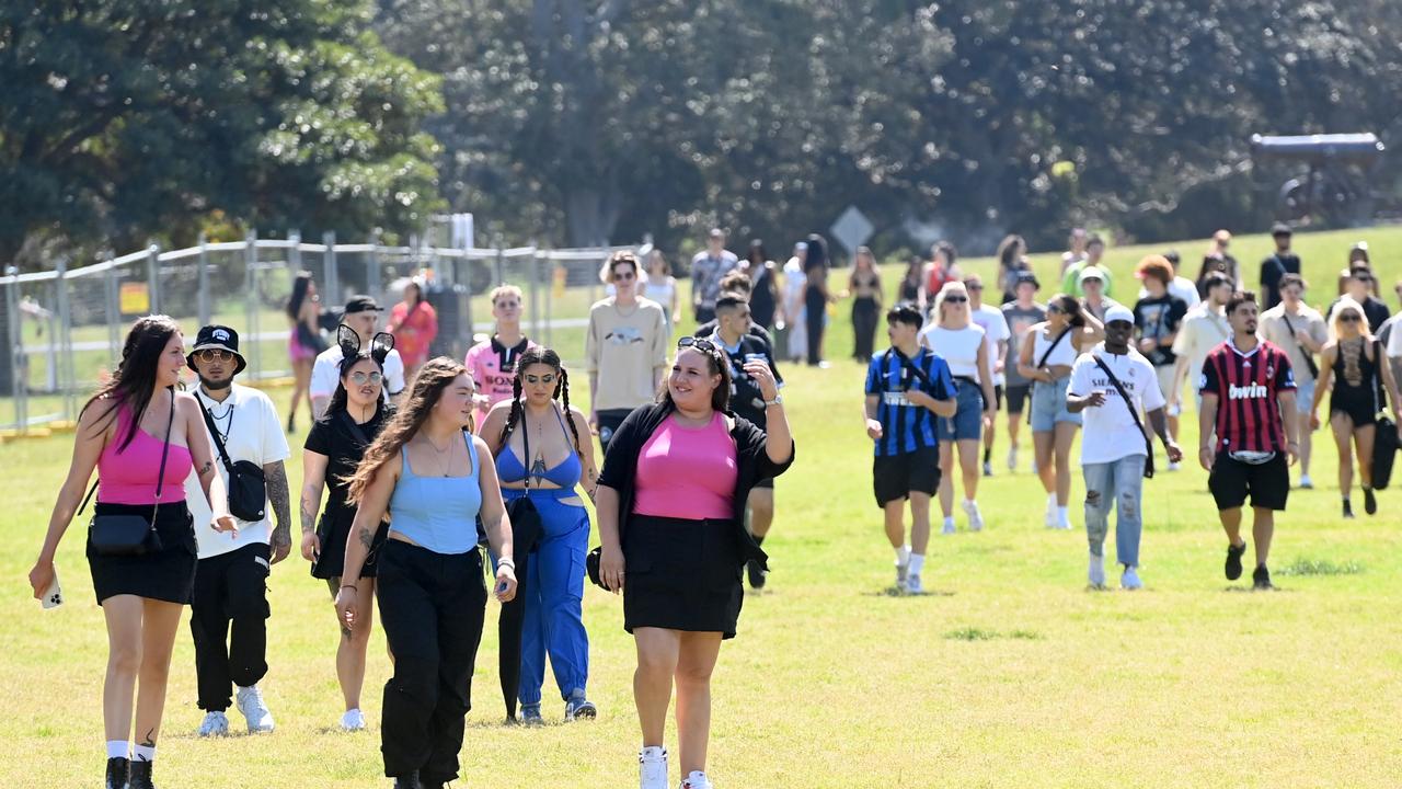 A heavy police presence which included police dogs welcomed the crowds at entry with some detained for police searching. Picture: NCA NewsWire / Jeremy Piper