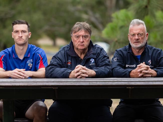 Kane Barbuto (captain), Mick McGuane (coach) and Shaun Morris (president) speak after Keilor lost its 2023 senior premiership. Picture: Jason Edwards