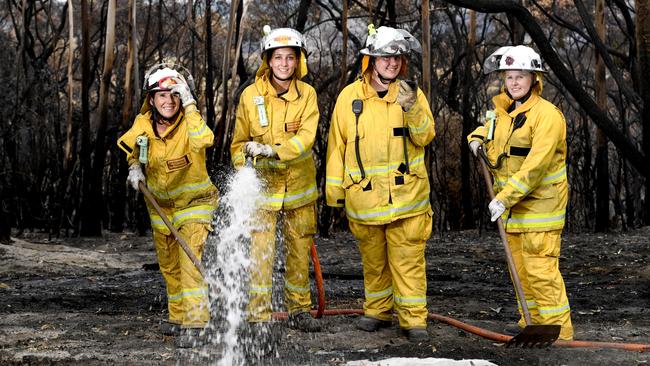 Eden Hills brigade Cass Gordon, Hayley Meyer, crew leader Tahlia Lockwood and driver Ellen Painter are the CFS’ first all-female crew - picture at the Mt Bold fireground. Picture: Tricia Watkinson