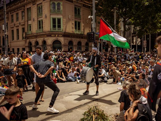 Pro-Palestine supporters join in an Invasion Day Rally in Melbourne. Picture: Getty