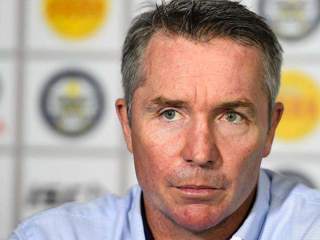 TOWNSVILLE, AUSTRALIA - MARCH 07: Cowboys coach Paul Green looks on during the post match press conference at the end of the round one NRL match between the North Queensland Cowboys and the Sydney Roosters at 1300SMILES Stadium on March 7, 2015 in Townsville, Australia. (Photo by Ian Hitchcock/Getty Images)