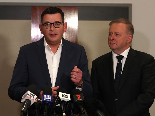 NEWS2019ELECTION 12/5/2019. DAY 32Victorian Premier Daniel Andrews  and Anthony Albanese speaking at a press conference after attending the Opposition Leader Bill Shorten  address for the final week campaign rally at the Clocktower Centre in Melbourne.Picture Kym Smith