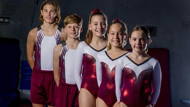 Skybound Gymnastics has six competitors taking part in the 2021 Australian Gymnastics Championships. Here are five of them, Josh de Beer, 14, Noah Kerry, 11,  Asha Greenlees, 11,  Kiara Lowman, 10, and  Olivia Powell, 11.  Picture: Jerad Williams
