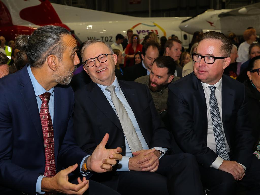 AFL great Adam Goodes, Anthony Albanese and Qantas CEO Alan Joyce at the launch of the airline’s 'Yes' Campaign. Picture: NCA Newswire / Gaye Gerard