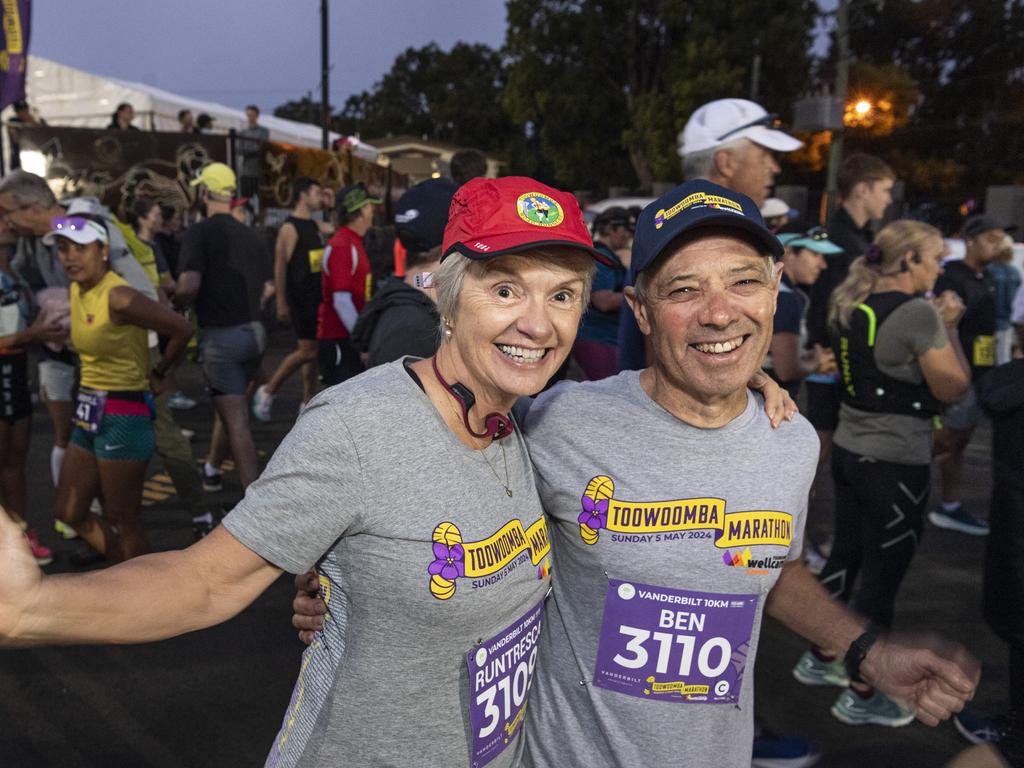 Therese and Ben Lynn before the 10km race of the Toowoomba Marathon, Sunday, May 5, 2024. Picture: Kevin Farmer