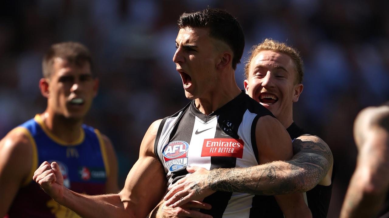 Nick Daicos celebrates after kicking the first goal of the grand final. Picture: Robert Cianflone/AFL Photos/via Getty Images