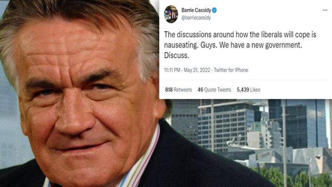 Barrie Cassidy has lashed out at the ABC's "nauseating" election coverage in a late-night Twitter rant