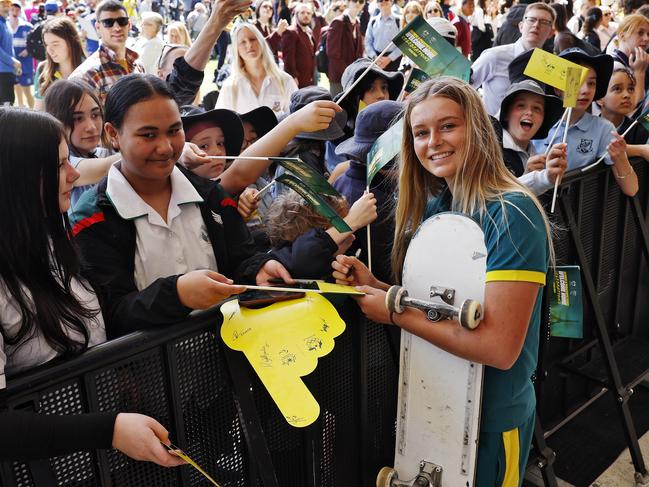 DAILY TELEGRAPH - 13/9/24Olympians from the 2024 Olympics and Paralympics are welcomed by a crowd in Tumbling Park in Darling Harbour today. Ruby Trew in middle. Picture: Sam Ruttyn