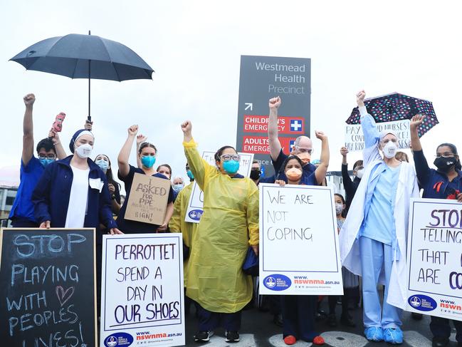 ICU nurses protesting outside Westmead Hospital on Wednesday. Picture: John Feder / The Australian