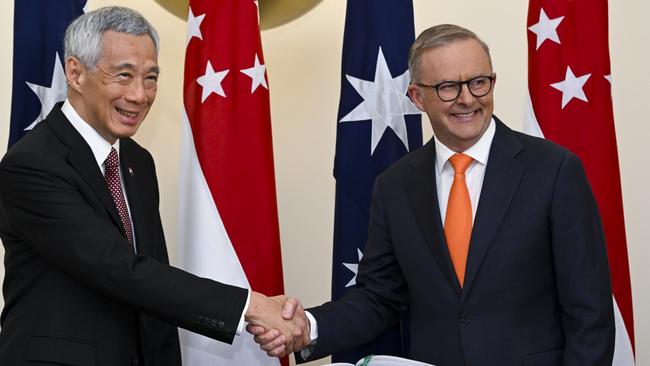 Singapore Prime Minister Lee Hsien Loong and Anthony Albanese during a meeting at Parliament House on Tuesday. Picture: Getty Images