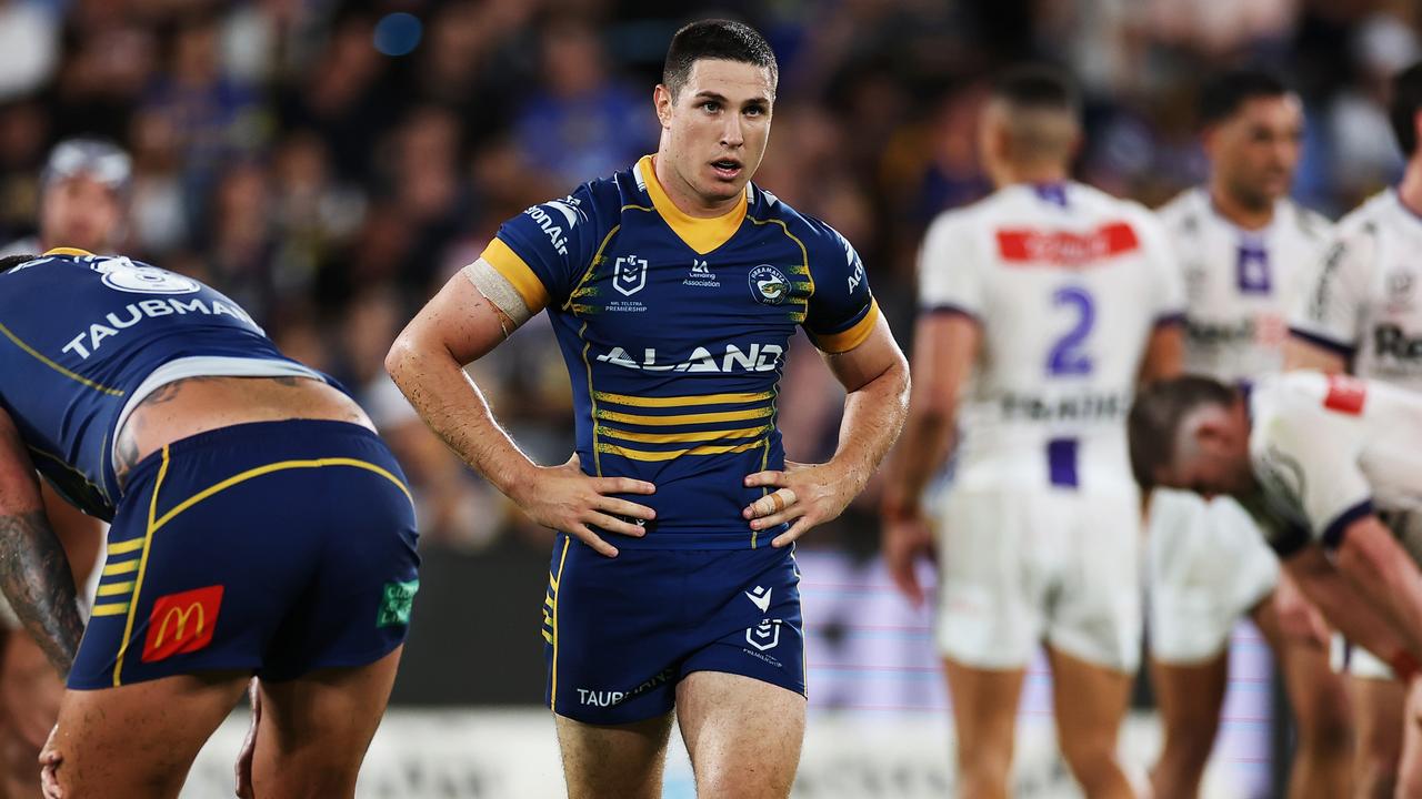 SYDNEY, AUSTRALIA - MARCH 02: Mitchell Moses of the Eels looks on during the round one NRL match between the Parramatta Eels and the Melbourne Storm at CommBank Stadium on March 02, 2023 in Sydney, Australia. (Photo by Cameron Spencer/Getty Images)