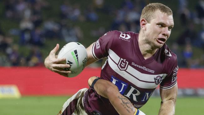 SUNSHINE COAST, AUSTRALIA - AUGUST 14: Tom Trbojevic of the Sea Eagles with the ball during the round 22 NRL match between the Manly Sea Eagles and the Parramatta Eels at Sunshine Coast Stadium, on August 14, 2021, in Sunshine Coast, Australia. (Photo by Glenn Hunt/Getty Images)